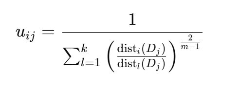 Fuzzy membership update equation, where membership is based on relative distances of documents to cluster centroids.