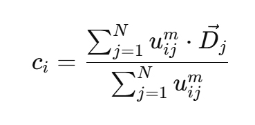 Equation for updating fuzzy cluster centroids, computed as the membership-weighted average of document feature vectors.